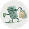 Cartoon trash can with arms, legs, sunglasses, and a shopping bag on a white background